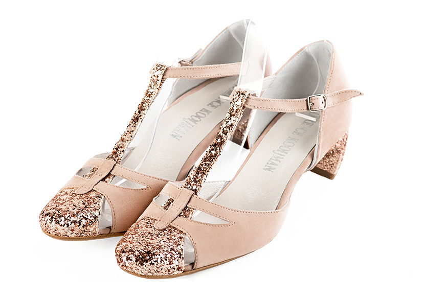 Copper gold and powder pink women's T-strap open side shoes. Round toe. Low comma heels. Front view - Florence KOOIJMAN